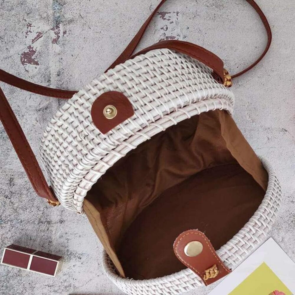 Handwoven Round Rattan Straw Bag for Women Shoulder Leather Button Straps Natura - Picture 5 of 6